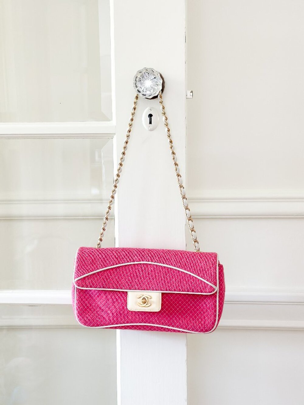 2002 Vintage Chanel Pink Knit Flap Shoulder Bag
